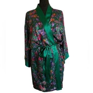 VTG Victoria's Secret Gold Label Green Floral Satin/Sheer Kimono Robe One Size